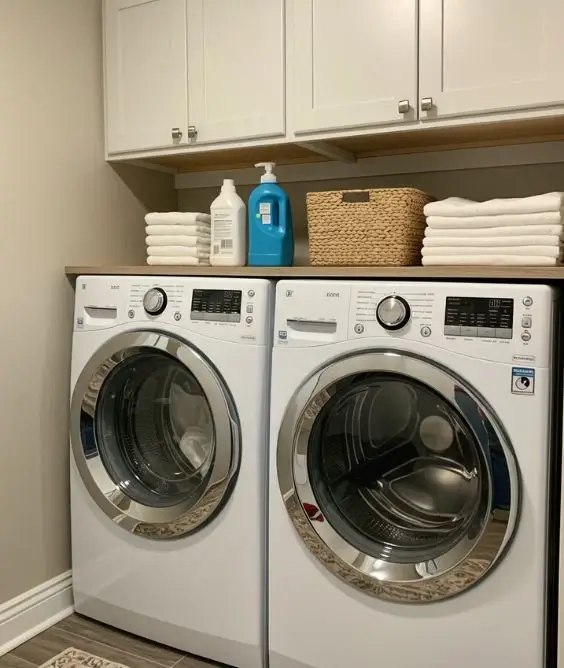 Install cabinets above the washer and dryer