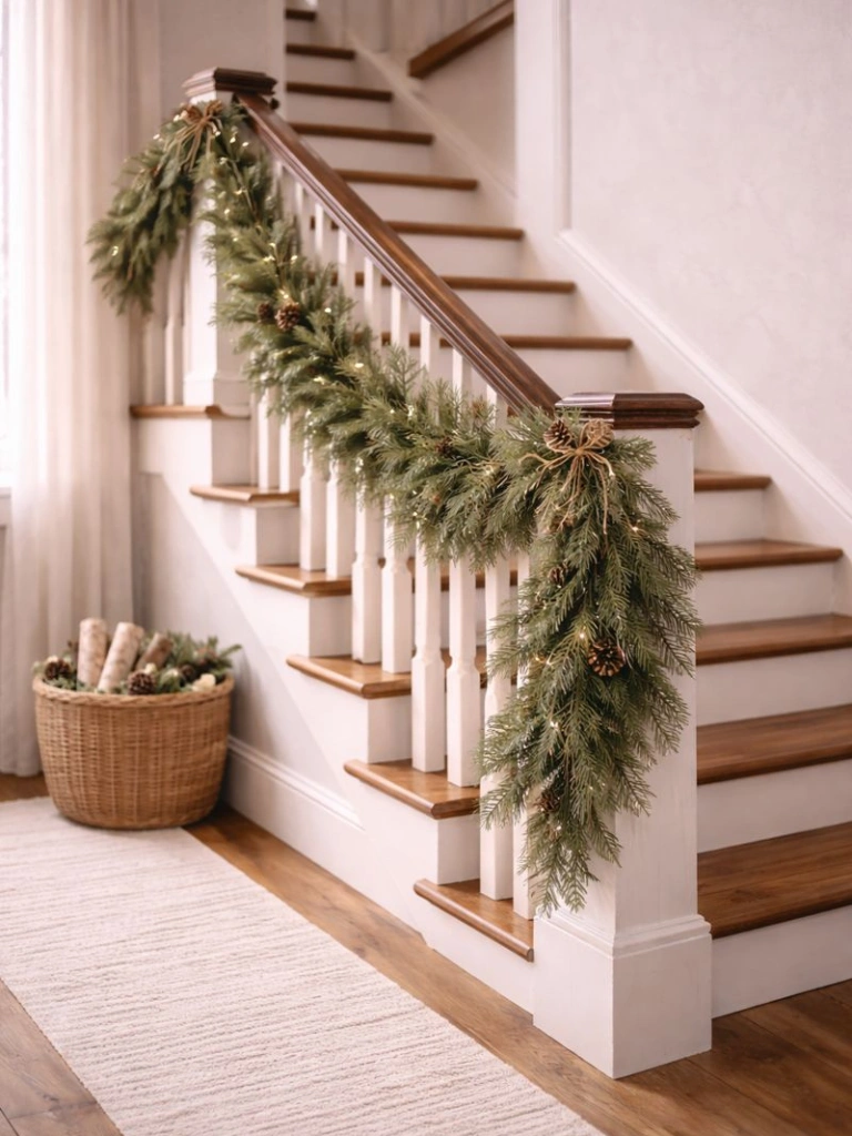 1. Evergreen Garland Wrapped Around the Banister