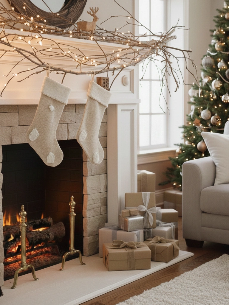 10. Neutral Fireplace Decor with Linen and Wood
