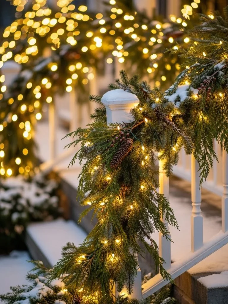 25 Outdoor Christmas Decorating Ideas for a Cozy Seasonal Look 11 10. Warm White Outdoor Fairy Lights
