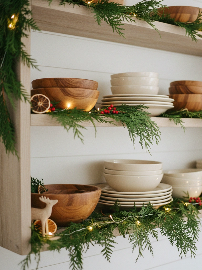 25 Farmhouse Christmas Decor Ideas for a Cozy Holiday Home 12 11. Cedar Fir Shelf Display