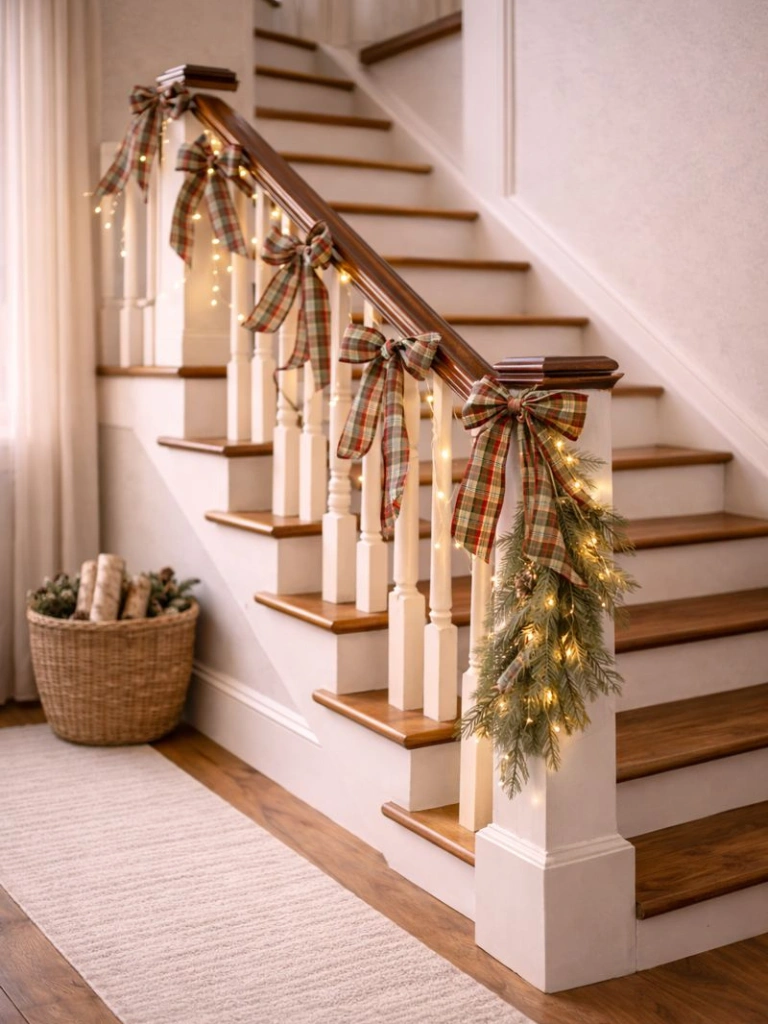 12. Plaid Ribbon Tied Stair Railing