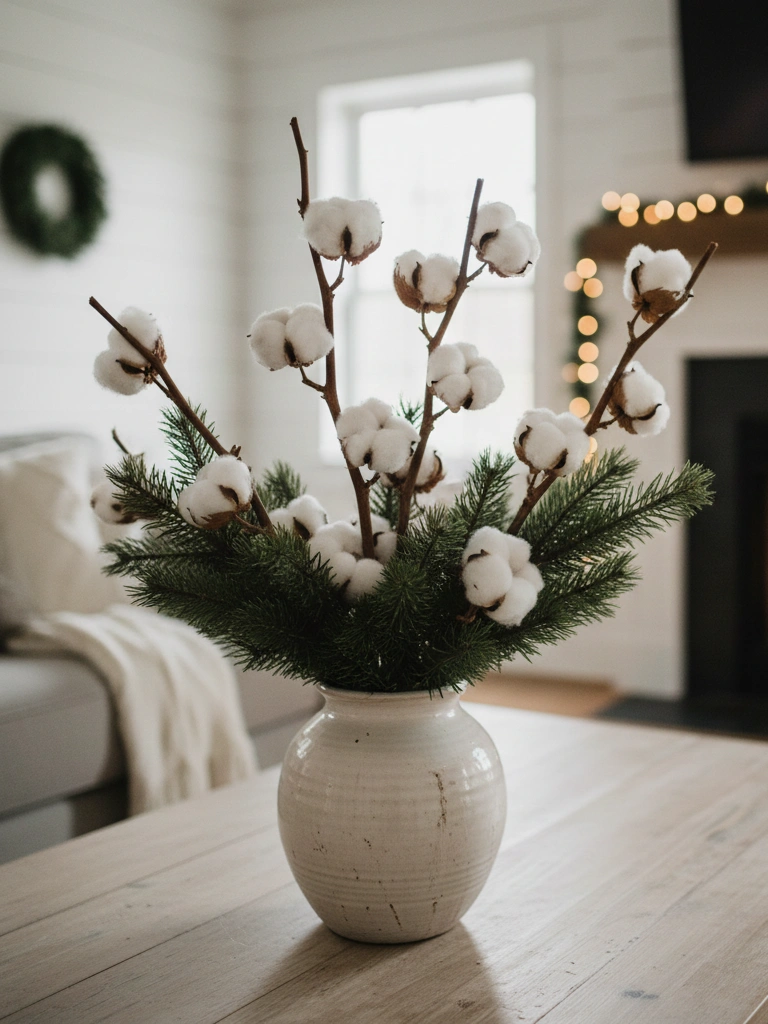 25 Farmhouse Christmas Decor Ideas for a Cozy Holiday Home 14 13. Cotton Stem Pine Arrangements