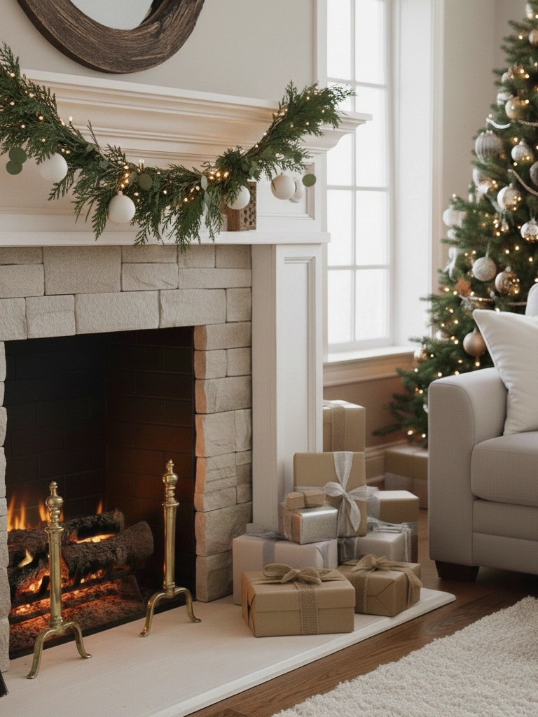 13. Modern Fireplace Decor with Simple Garlands