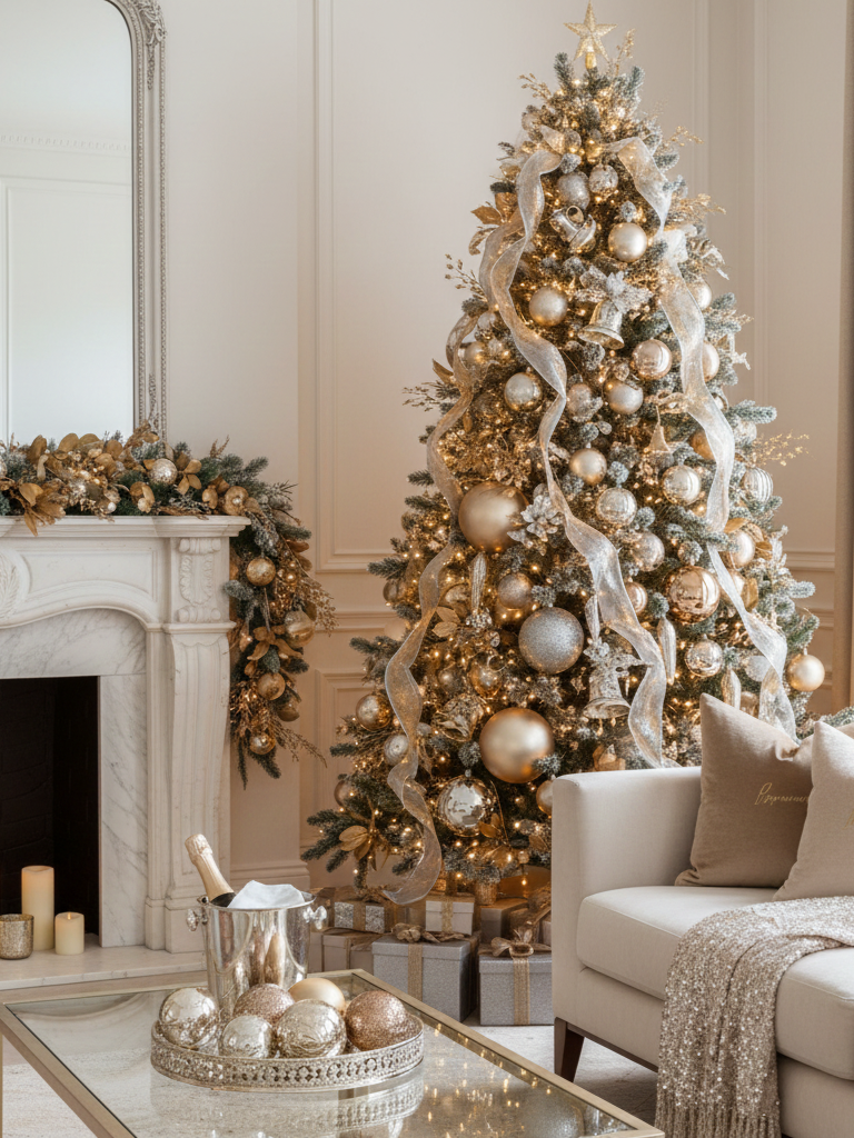 13.Elegant Christmas Room Decor with Metallic Accents
