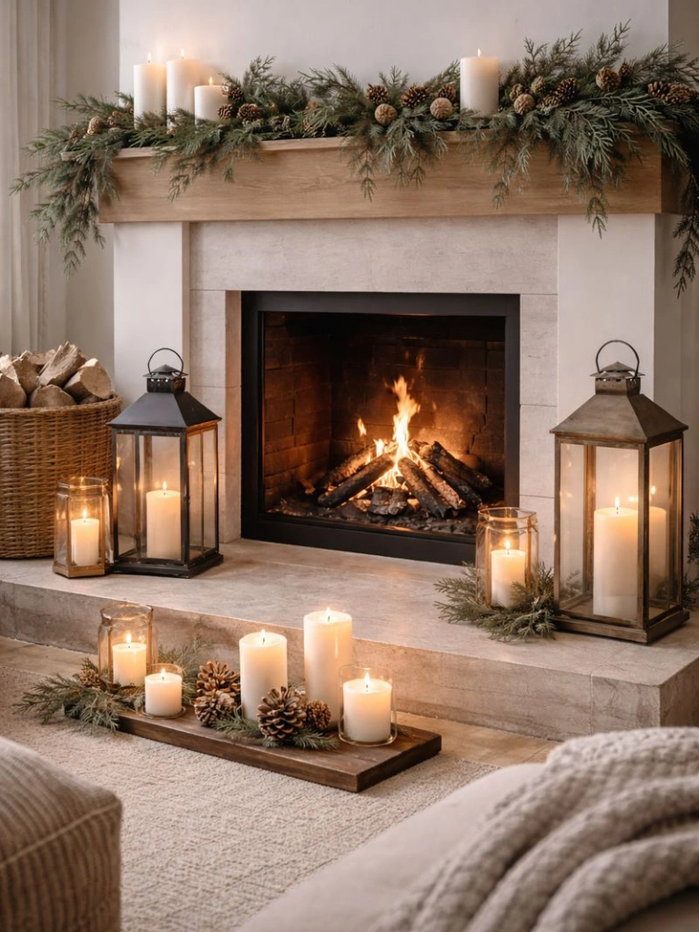 15. Fireplace Decor with Lanterns and Candles