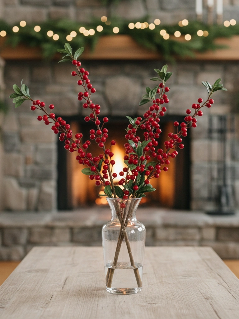 25 Farmhouse Christmas Decor Ideas for a Cozy Holiday Home 16 15. Natural Berry Branch Bouquets