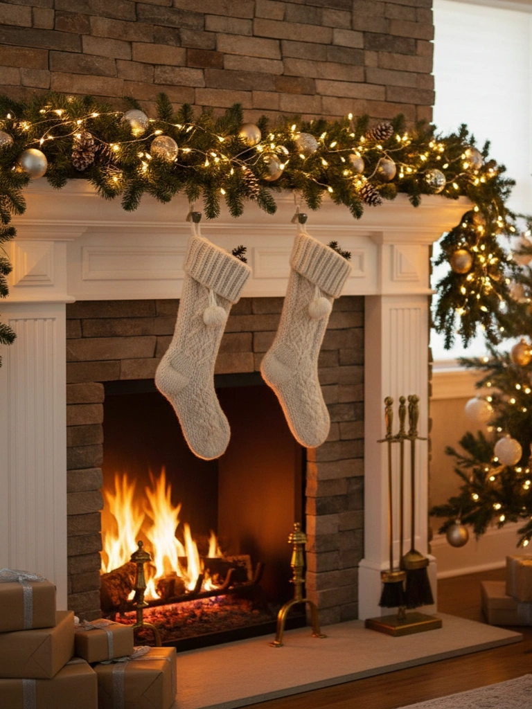 16. Fairy Lights Woven into Fireplace Garlands