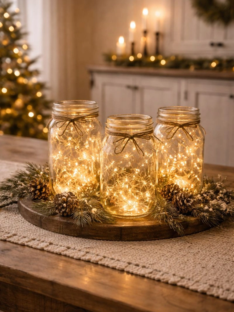 25 Farmhouse Christmas Decor Ideas for a Cozy Holiday Home 17 16. Twinkle Lights on Mason Jars