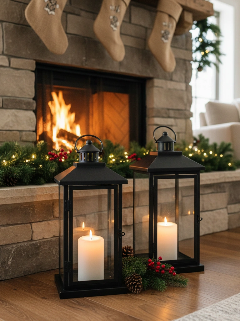 25 Farmhouse Christmas Decor Ideas for a Cozy Holiday Home 18 17. Lantern Displays with Candles