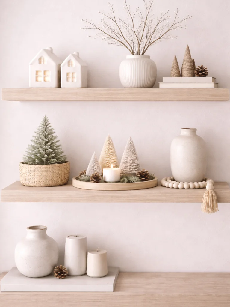 17. Minimalist Christmas Shelf Display