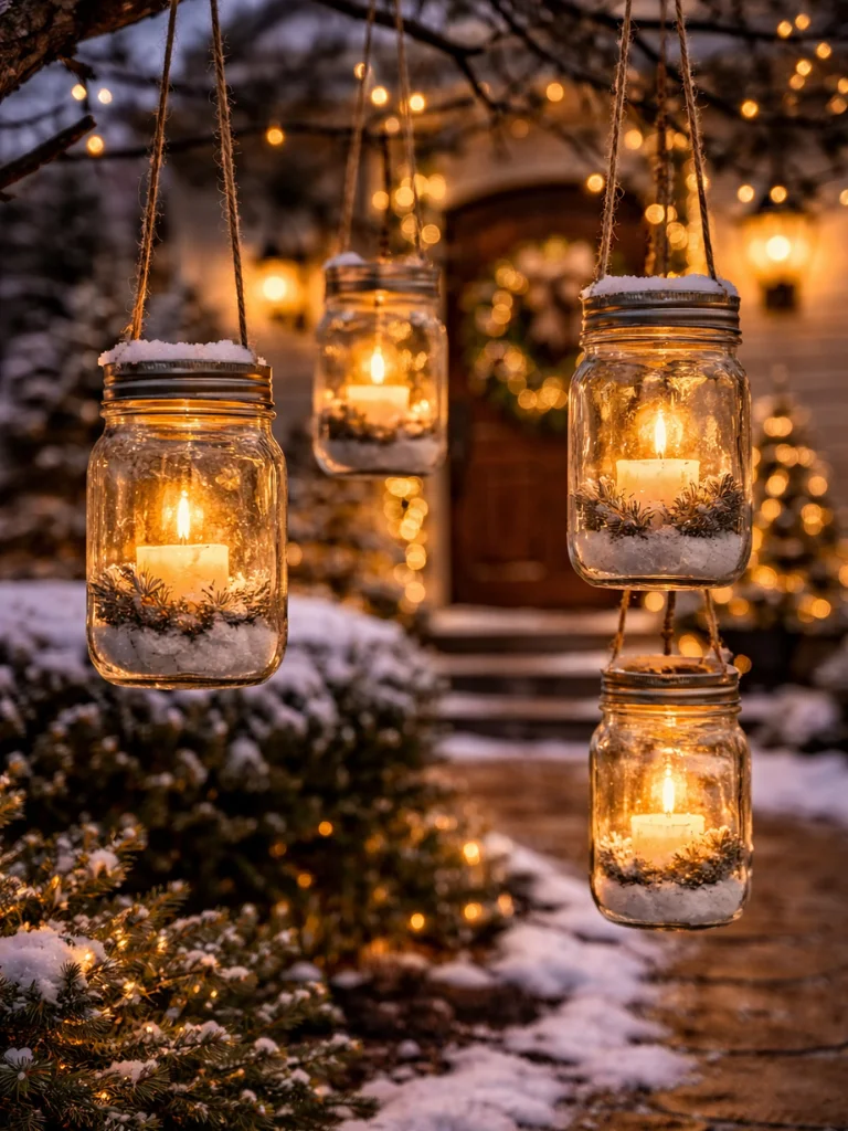 25 Outdoor Christmas Decorating Ideas for a Cozy Seasonal Look 19 18. Mason Jar Outdoor Lanterns