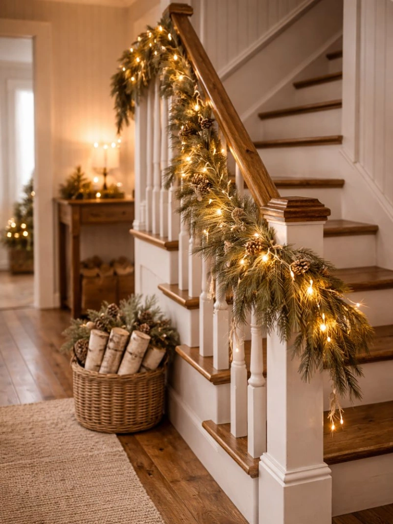 25 Farmhouse Christmas Decor Ideas for a Cozy Holiday Home 19 18. String Lights on Stair Rails