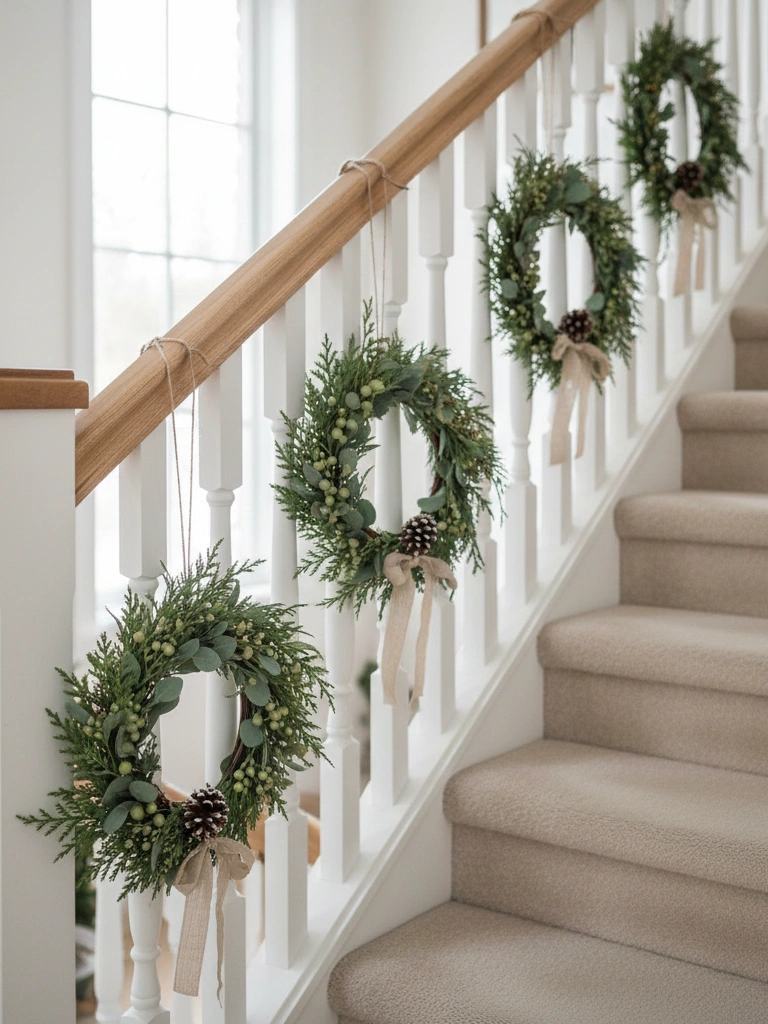 19. Mini Wreaths Hung on Spindles