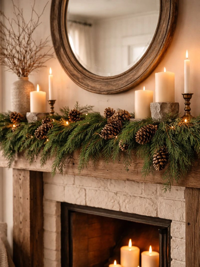 25 Farmhouse Christmas Decor Ideas for a Cozy Holiday Home 3 2. Pinecone Cedar Mantel Garland