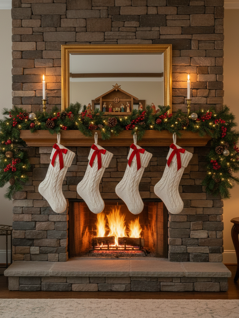 2.Cozy Fireplace Mantel Christmas Styling