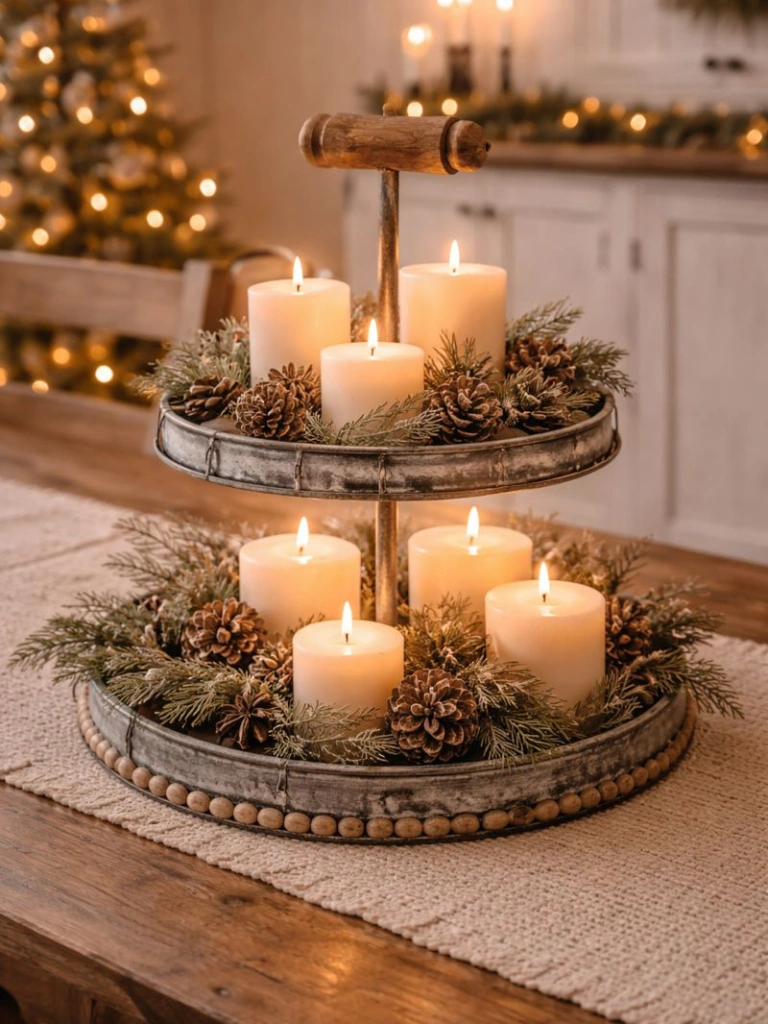 25 Farmhouse Christmas Decor Ideas for a Cozy Holiday Home 21 20. Candle Groupings on Tiered Trays