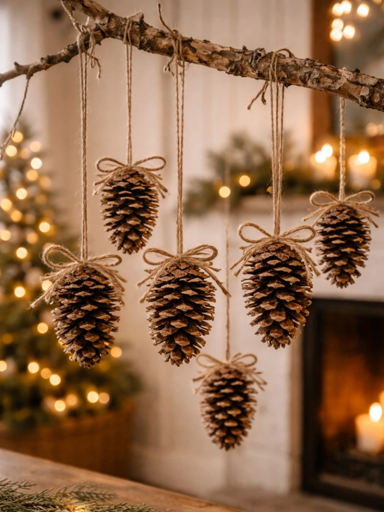 25 Farmhouse Christmas Decor Ideas for a Cozy Holiday Home 23 22. DIY Pinecone Ornaments with Twine