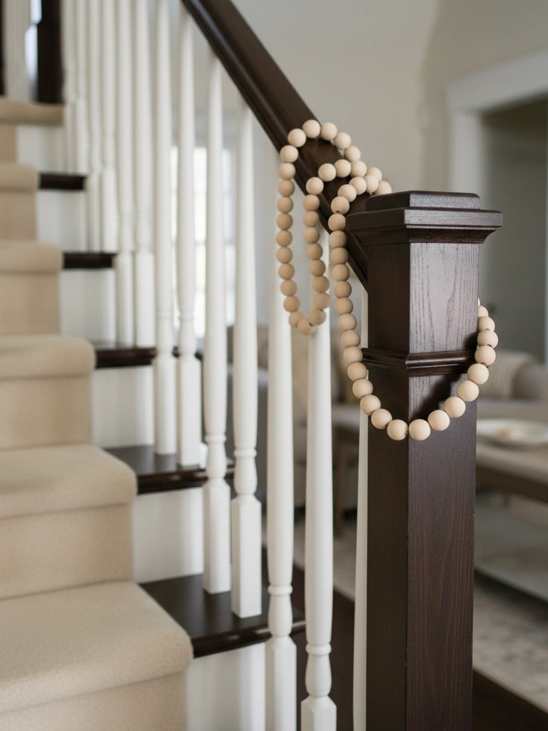 22. Wooden Bead Garland Wrapped on Steps