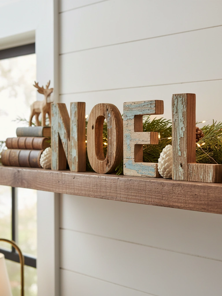 25 Farmhouse Christmas Decor Ideas for a Cozy Holiday Home 24 23. Upcycled Wooden Christmas Letters