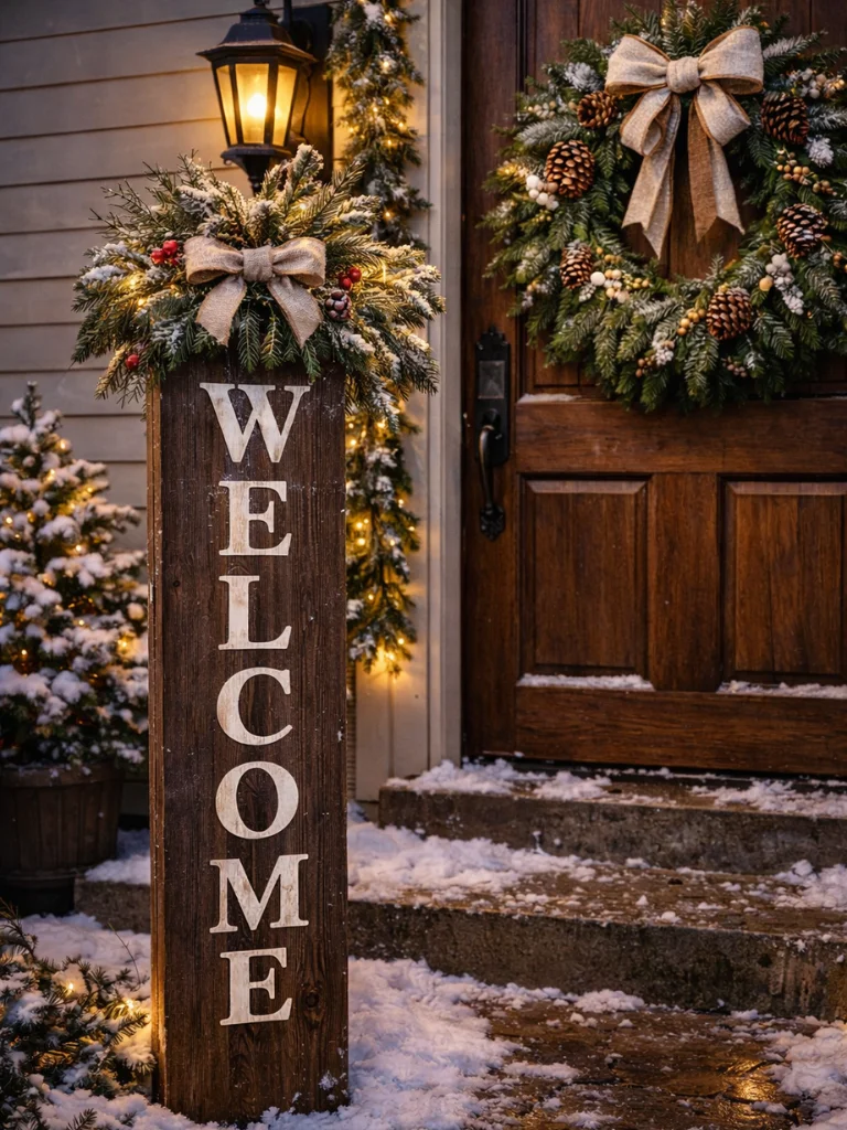 25 Outdoor Christmas Decorating Ideas for a Cozy Seasonal Look 26 25. Outdoor Christmas Welcome Sign