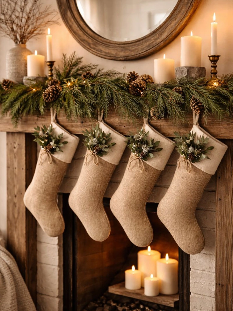 25 Farmhouse Christmas Decor Ideas for a Cozy Holiday Home 4 3. Burlap Stockings with Greenery