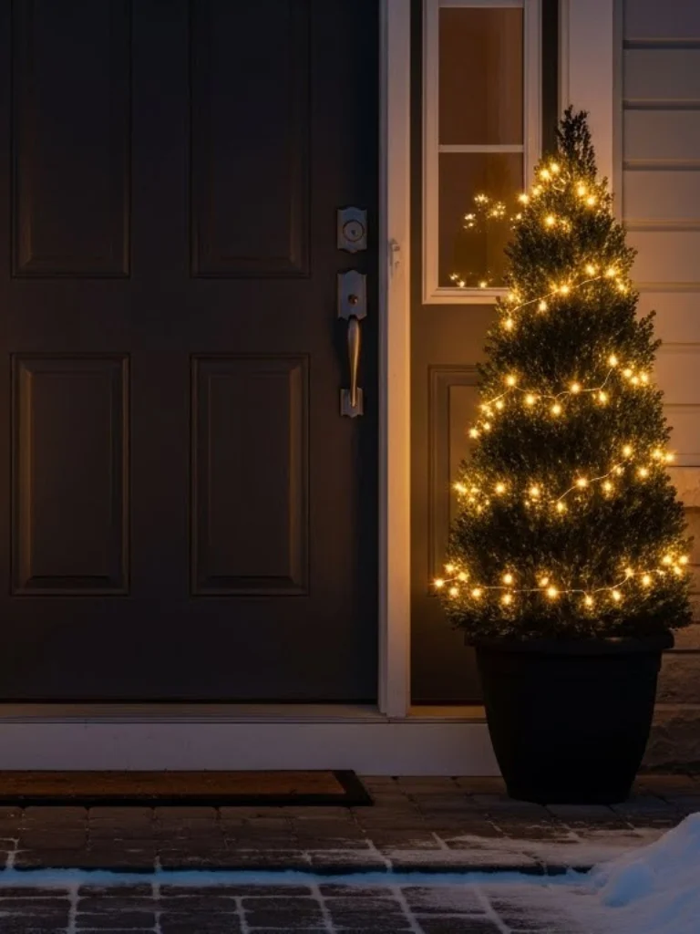 25 Outdoor Christmas Decorating Ideas for a Cozy Seasonal Look 4 3. Potted Evergreen Trees for Entryways