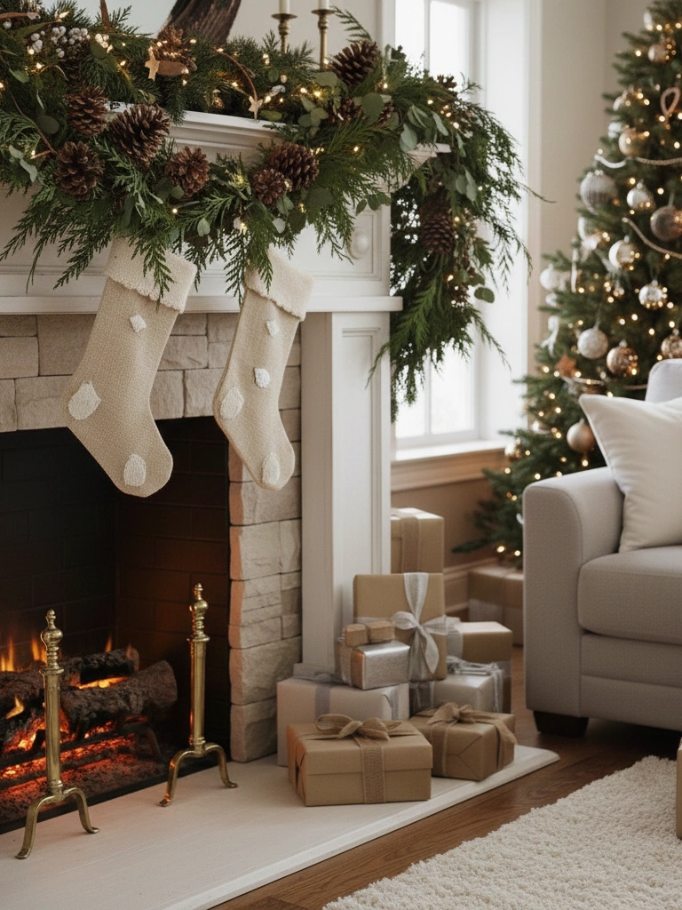 4. Fireplace Decor with Greenery and Pinecones