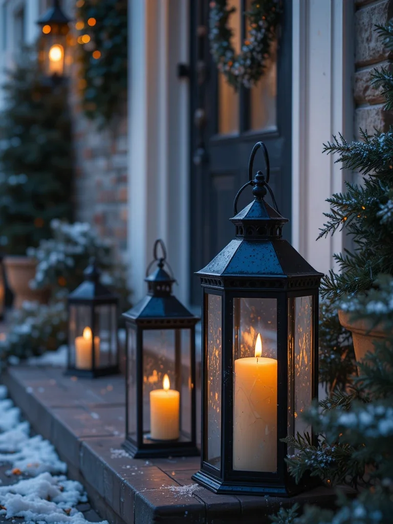 25 Outdoor Christmas Decorating Ideas for a Cozy Seasonal Look 5 4. Lanterns with Warm Lights by the Door