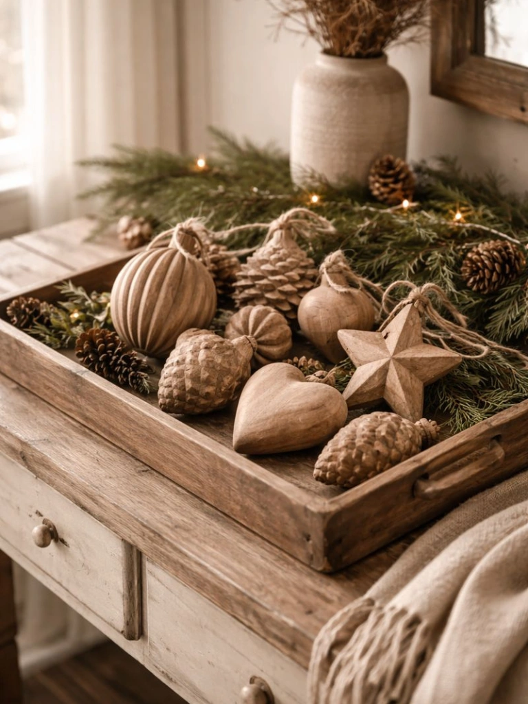 25 Farmhouse Christmas Decor Ideas for a Cozy Holiday Home 5 4. Vintage Wooden Ornament Displays