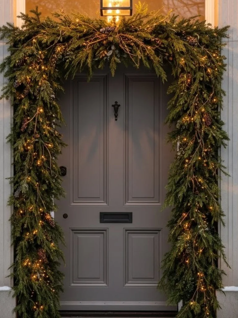 25 Outdoor Christmas Decorating Ideas for a Cozy Seasonal Look 6 5. Outdoor Garland Around Door Frames