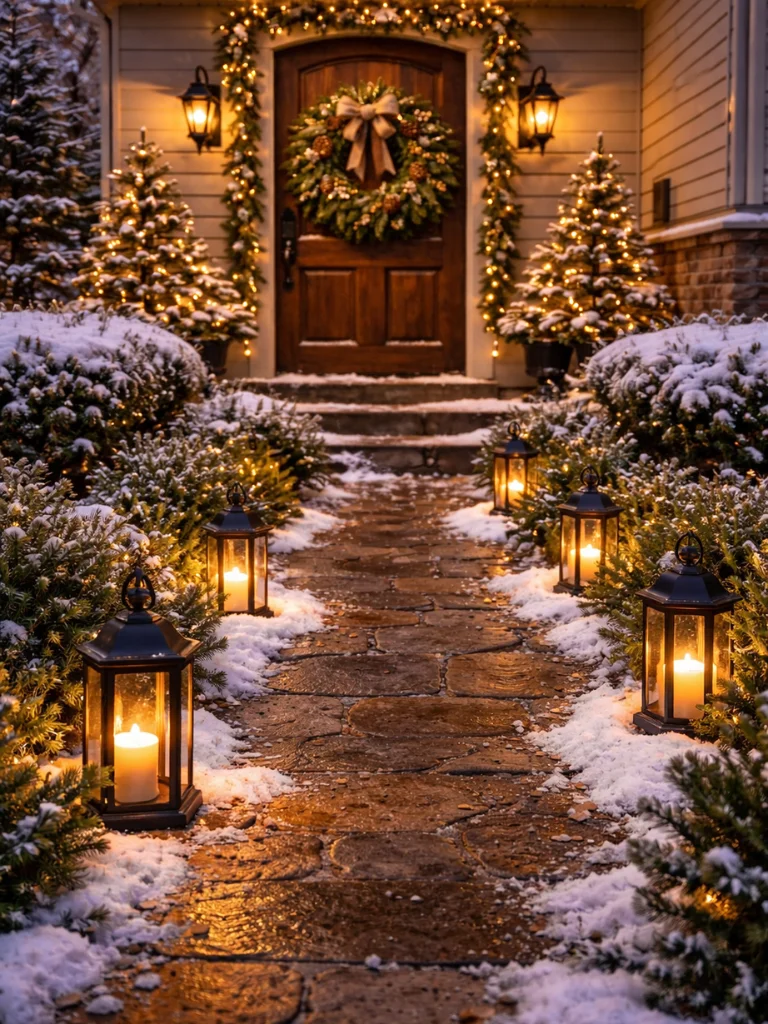 25 Outdoor Christmas Decorating Ideas for a Cozy Seasonal Look 7 6. Candle Lit Pathway to the Front Door