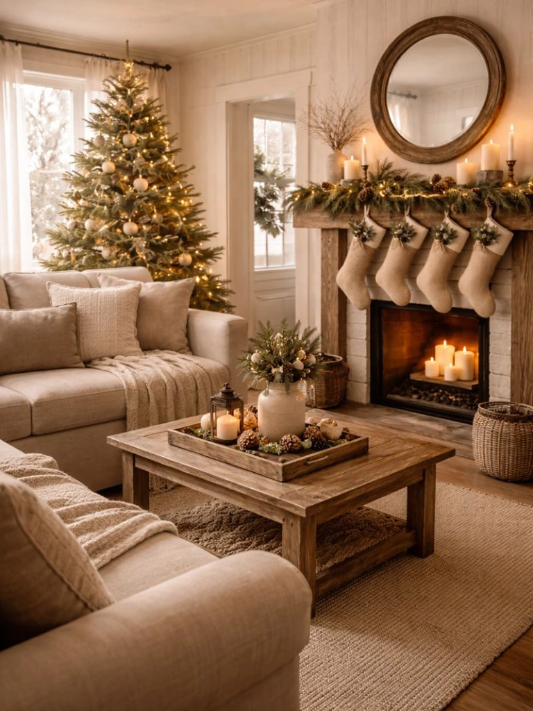 25 Farmhouse Christmas Decor Ideas for a Cozy Holiday Home 7 6. Farmhouse Living Room Christmas Styling