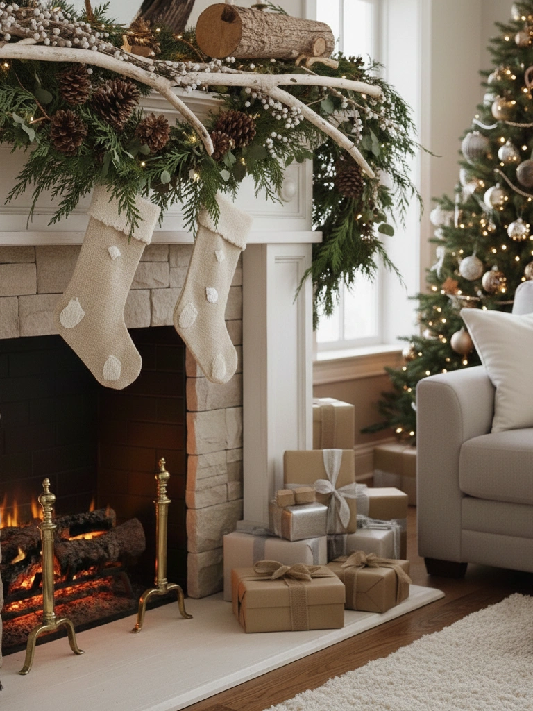 6. Rustic Fireplace Decor with Wood and Greenery