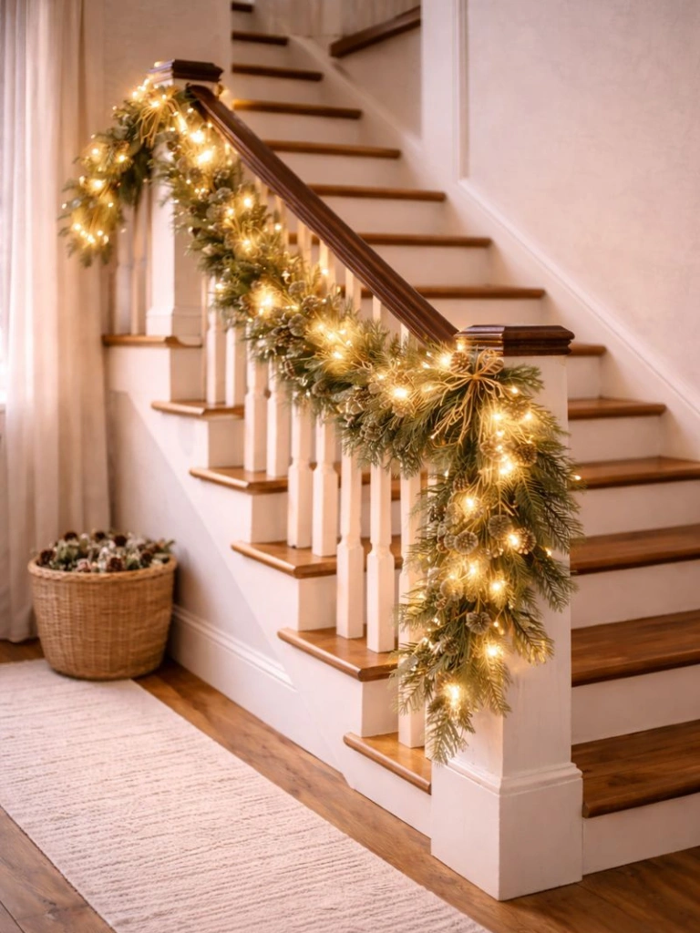 6. Warm White Fairy Lights on the Railing
