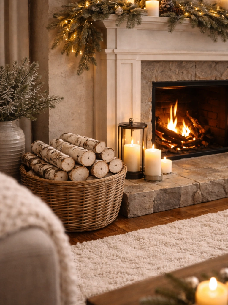 7. Birch Log Fireplace Accent