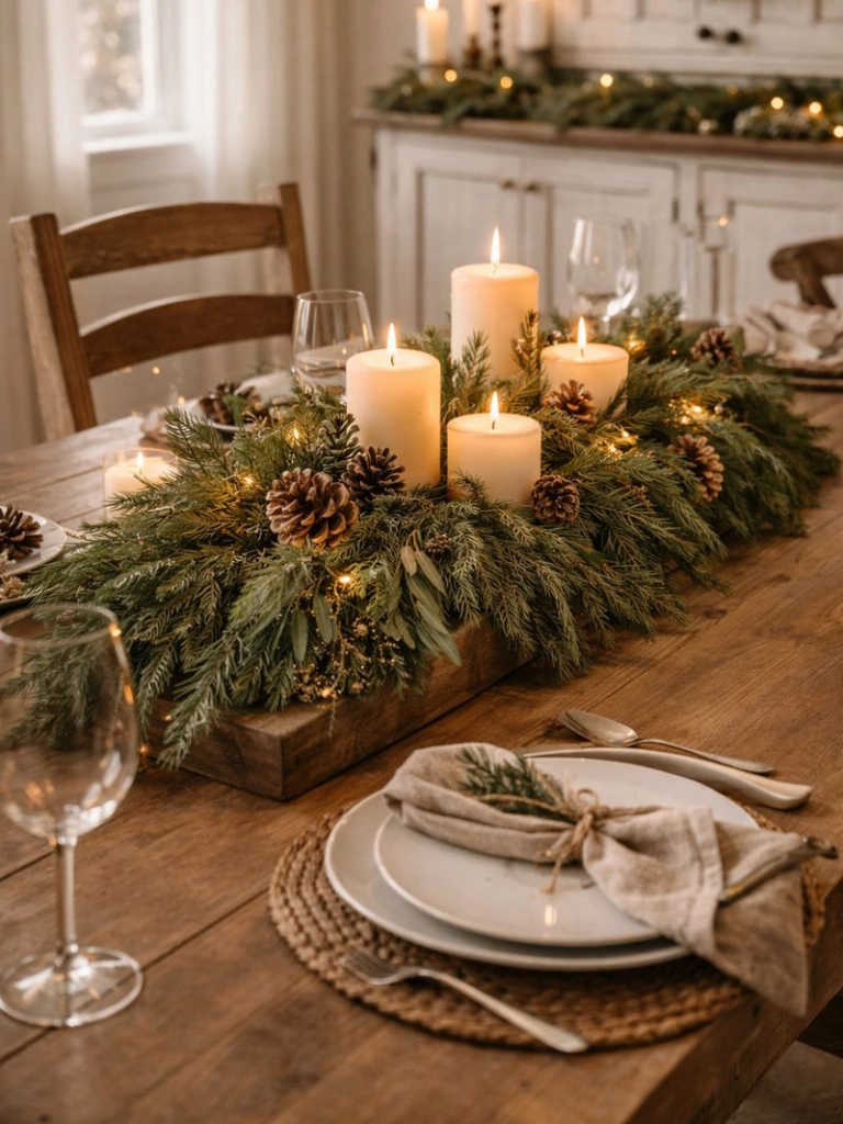 25 Farmhouse Christmas Decor Ideas for a Cozy Holiday Home 9 8. Christmas Farmhouse Dining Table Centerpiece