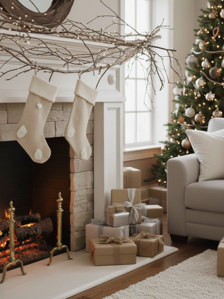 8. Natural Christmas Fireplace Decor with Branches