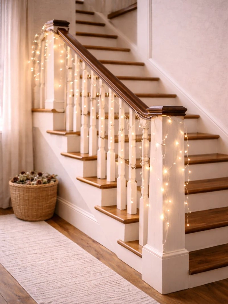 9. Icicle String Lights Draped Down the Rails