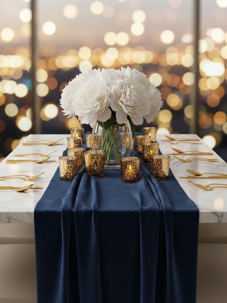 1. Navy Blue Table Runner with Gold Accents