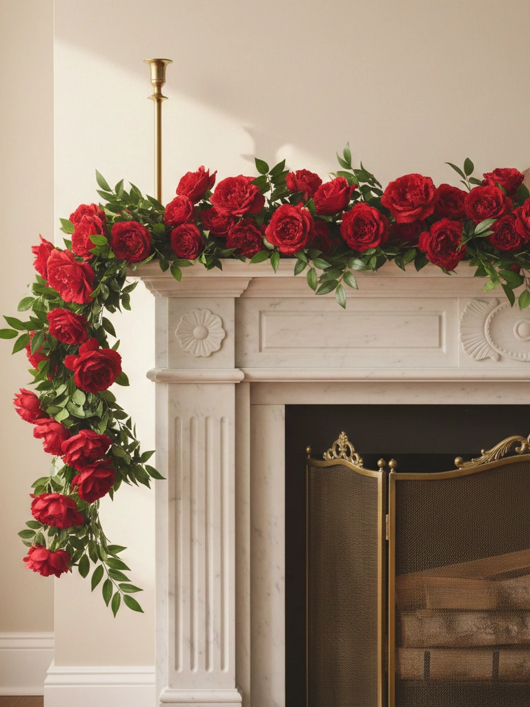 1. Red Rose Garland Draped Across the Mantel