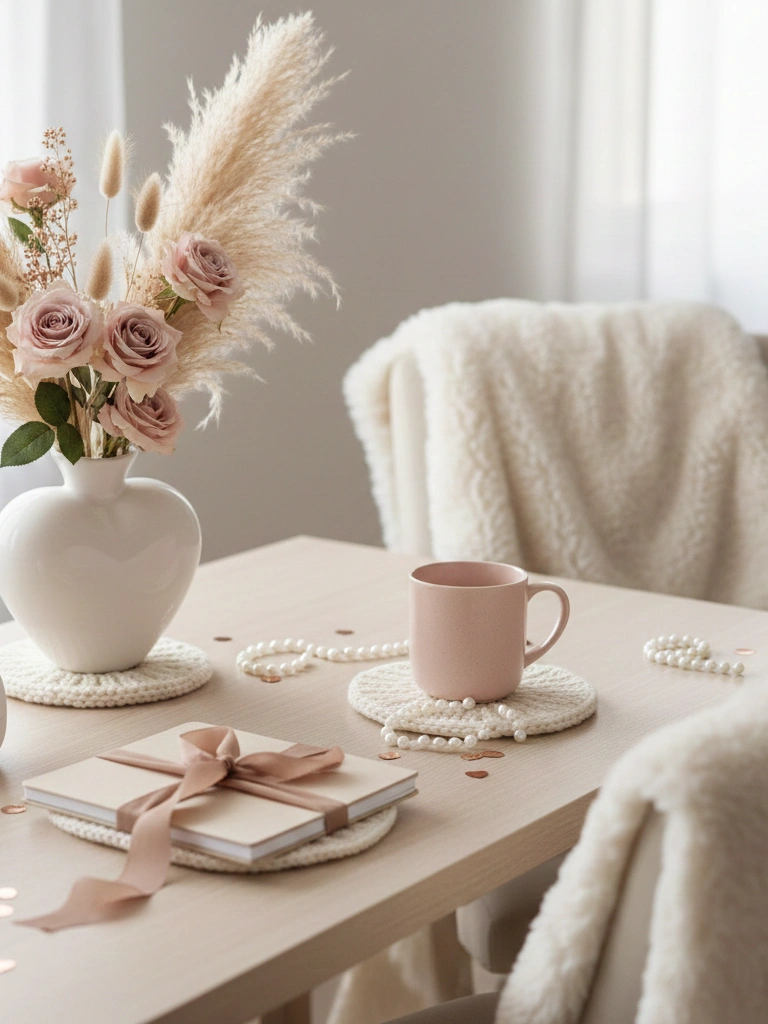 1. Soft Neutral Valentine Desk Styling With Touches of Blush