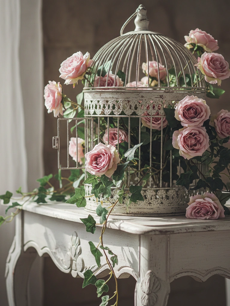 10. Antique Birdcage Filled with Faux Roses
