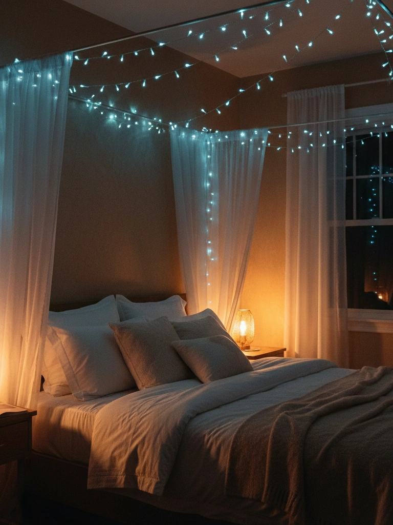 10. Blue Fairy Light Canopy for the Bedroom