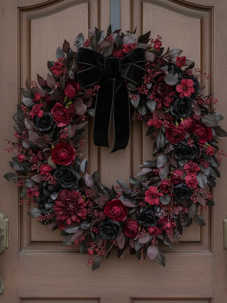 10. Front door dark romance wreath wine florals black ribbon