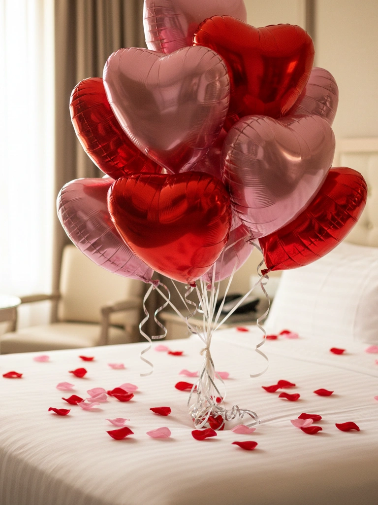 10. Heart Balloon Bouquet on the Bed