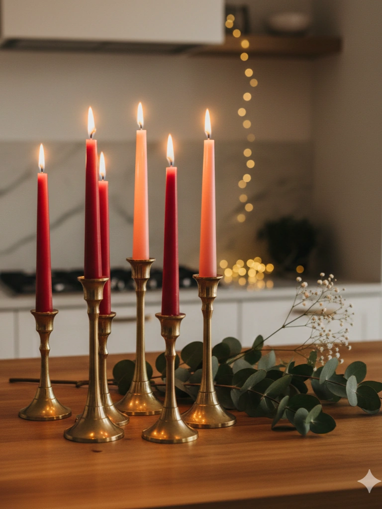 10. Red and Pink Taper Candles in Brass Holders