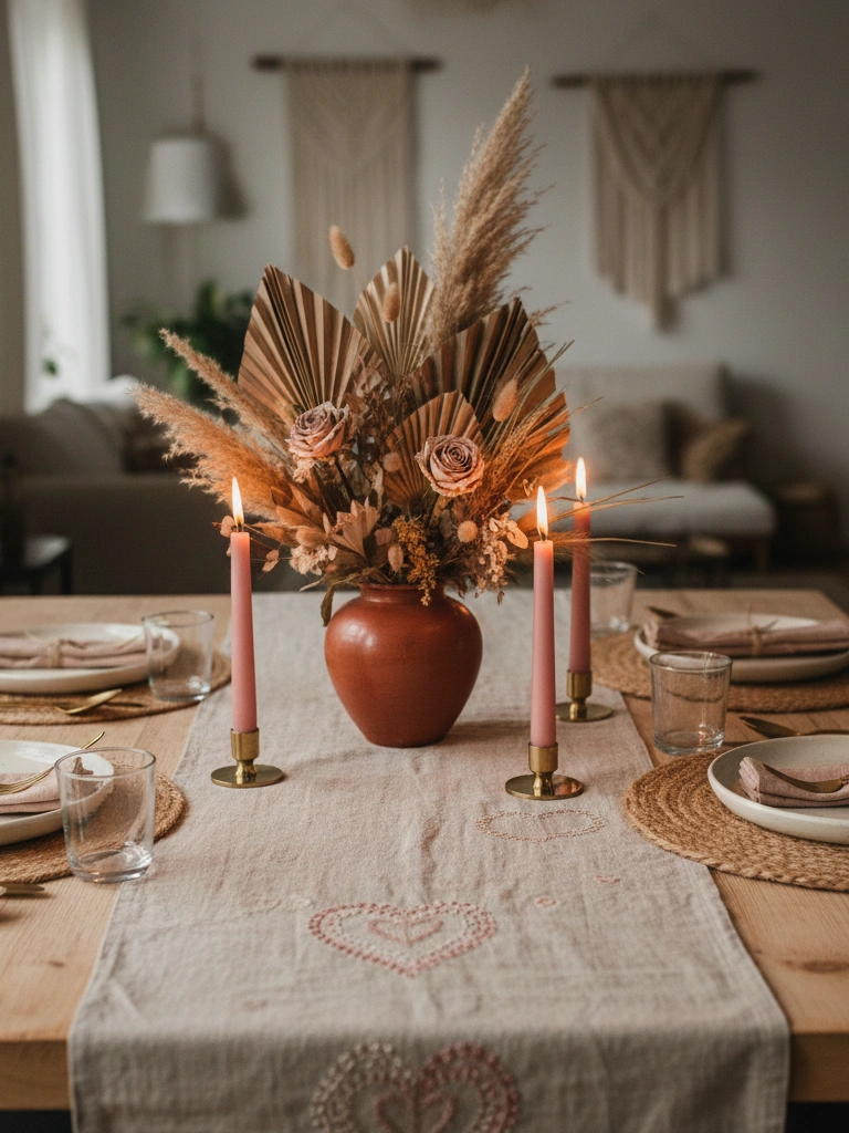 11. Boho Valentines Day Table Decor With Pampas Texture and Warm Neutrals