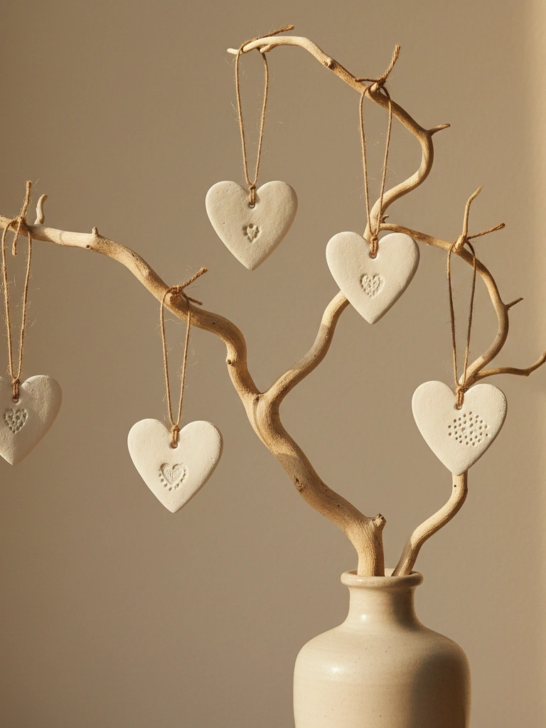11. Hand Stamped Clay Heart Ornaments for Branch Displays