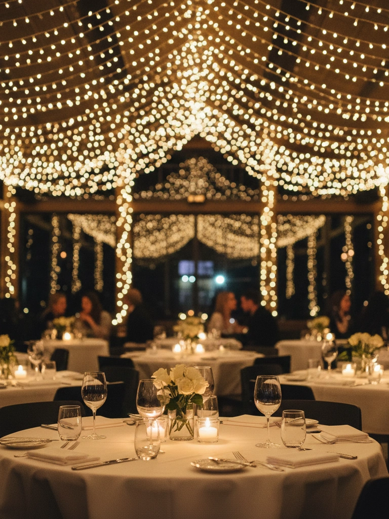 35 Valentine's Day Restaurant Decor Ideas for Romantic & Perfect Dinner Setting 11 11. Soft Warm Fairy Lights for a Cozy Ambience